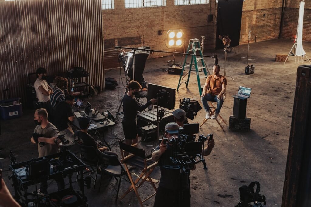 Professional film crew working with a cinema camera on set