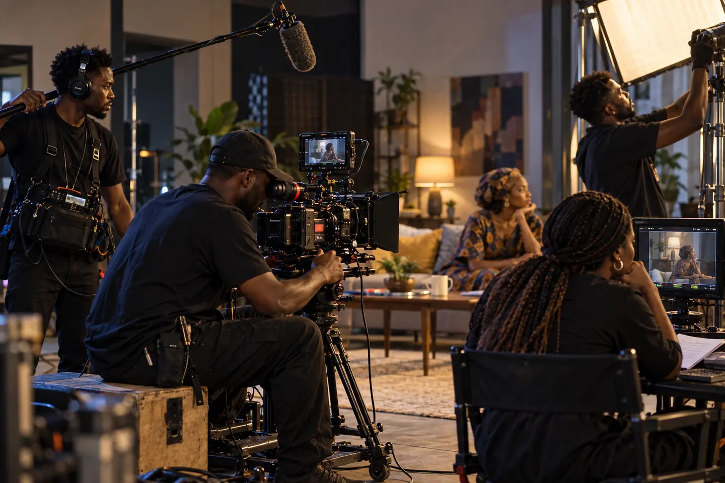 Black African production crew filming a professional scene with cinema camera, boom microphone, monitor and practical studio lighting