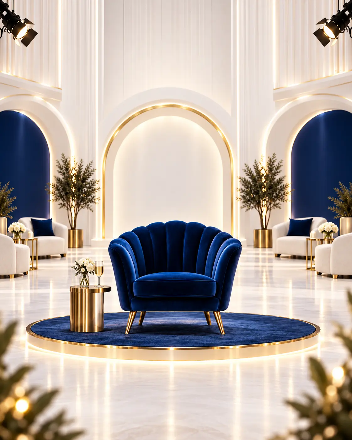 Fictional pre-production view of the Nelly’s Love Booth set with a royal-blue Seeker chair, ivory Match chairs and champagne-gold details