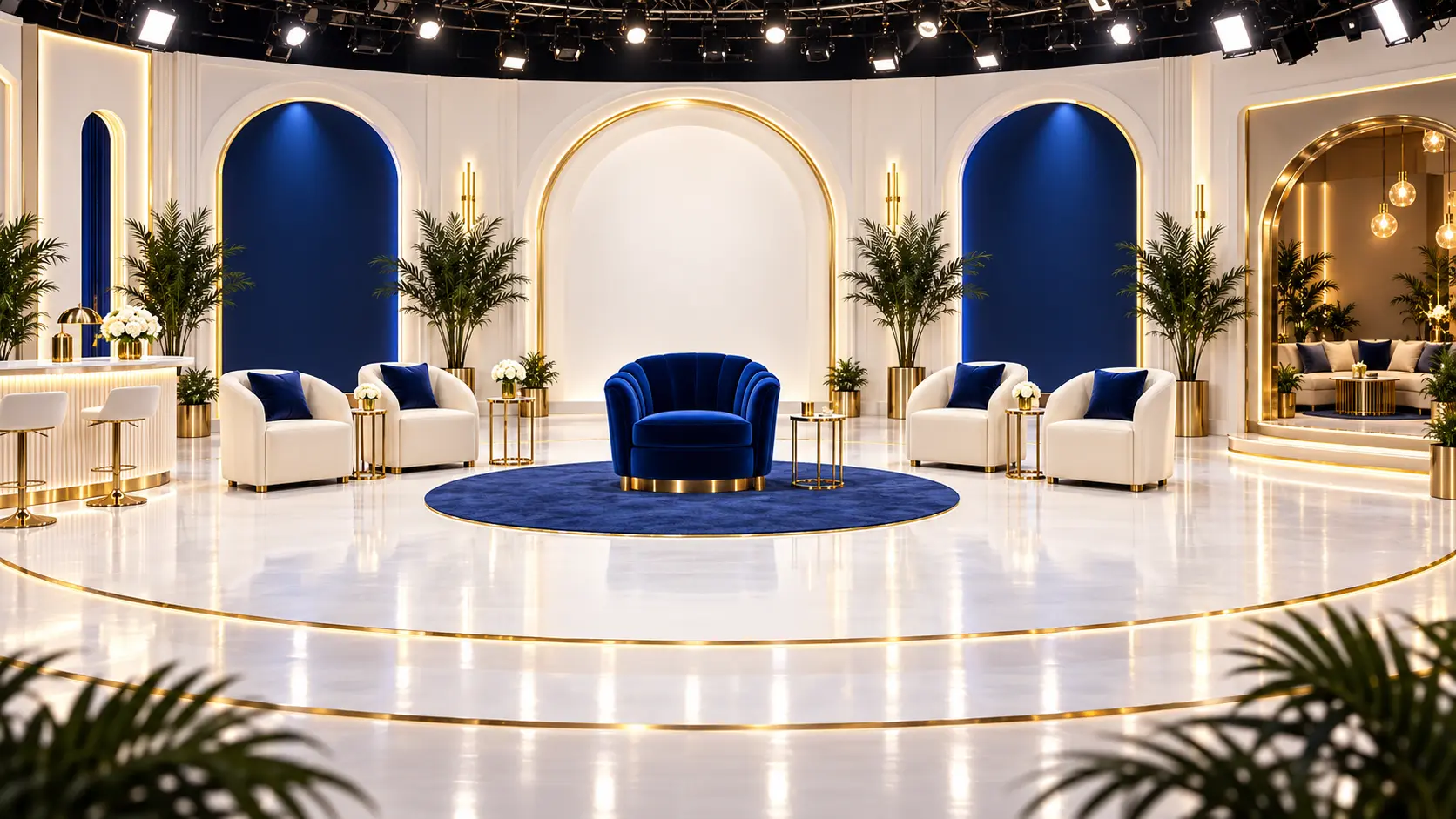 Wide fictional pre-production visualization of the Nelly’s Love Booth studio with a central blue chair, four ivory chairs and the Glow Room